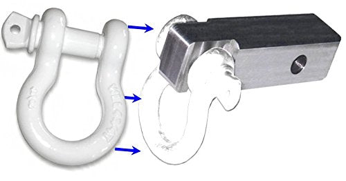 BILLET4X4 2 inch (Steel) Receiver Bracket w/ 4-3/4 TON Super White Powdercoated D-Shackle & Locking Hitch Pin (Off-Road Recovery)
