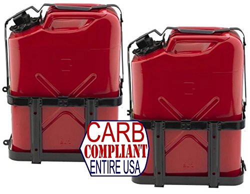 (Pair) JERRY CAN HOLDERS w/ CLASSIC 5 Gallon Steel Jerry cans - GAS - NATO Dimensions (DOT, CARB and EPA approved for all 50 states)
