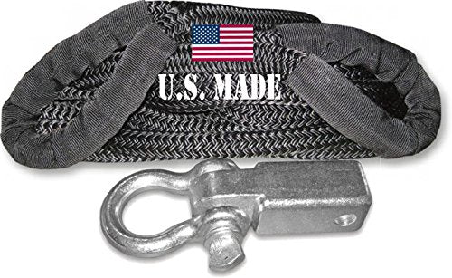 U.S. Made Kinetic Snatch Rope Military-Grade (Black) - 1 inch X 30 ft with Receiver Shackle Bracket (4X4 Vehicle Recovery)