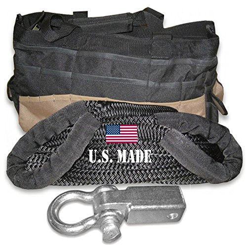 U.S. Made Kinetic Snatch Rope Military-Grade (Black) - 1 inch X 30 ft with Receiver Shackle Bracket and Heavy-Duty Carry Bag (4X4 Vehicle Recovery)